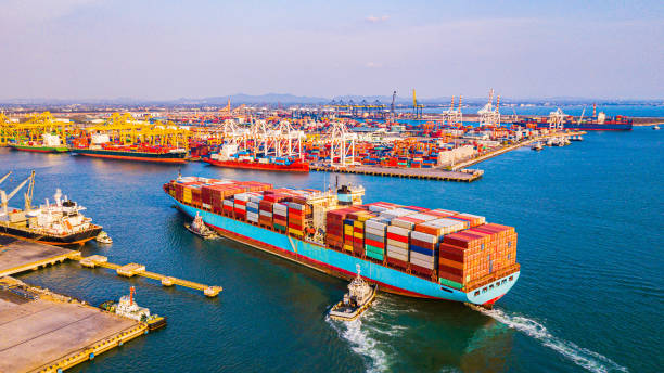 Tàu container cỡ lớn cập cảng Singapore, thể hiện hoạt động vận tải biển sôi động và vai trò Singapore trung tâm trung chuyển hàng hóa toàn cầu.
