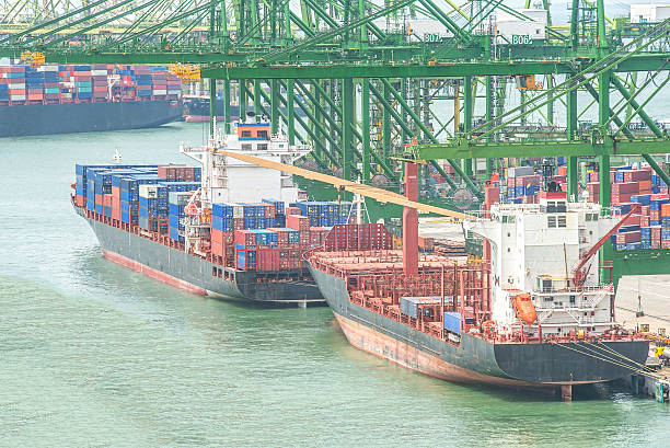 Tàu hàng container đang bốc dỡ tại cảng biển quốc tế, minh họa dịch vụ vận chuyển đường biển của BeeVN Express khi gửi hàng thương mại đi Singapore.