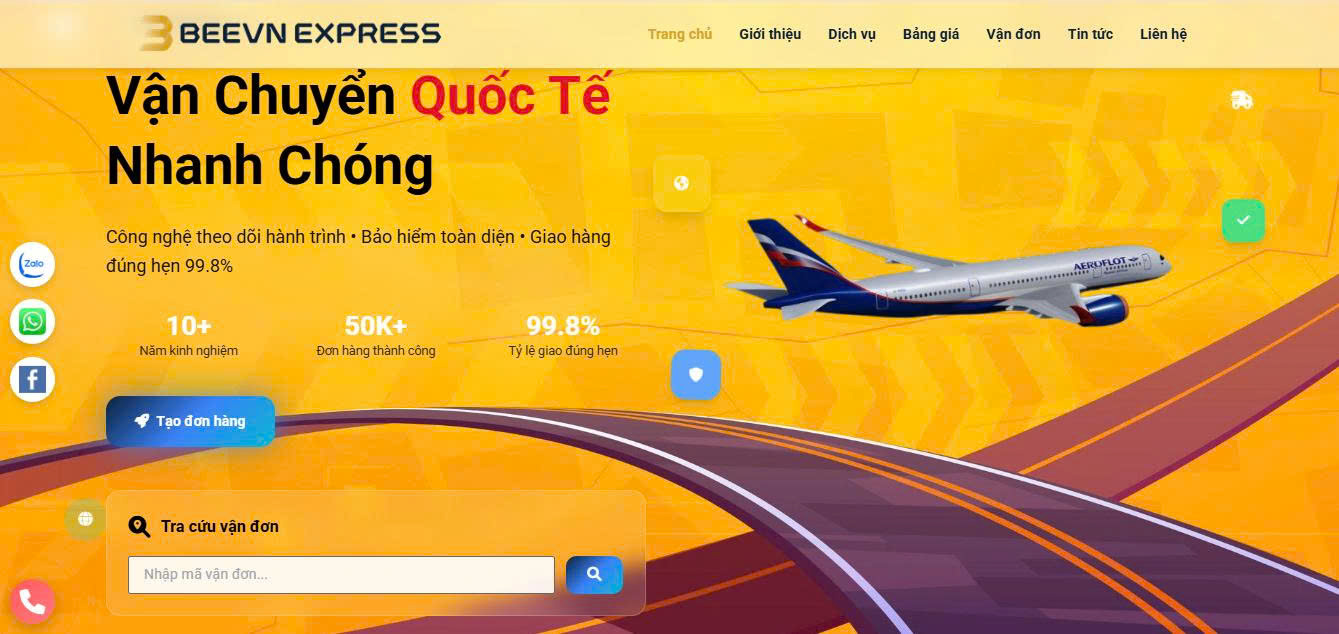 Giao diện dịch vụ vận chuyển quốc tế của BeeVN Express, hỗ trợ tracking 24/7 khi gửi hàng thương mại đi Singapore.