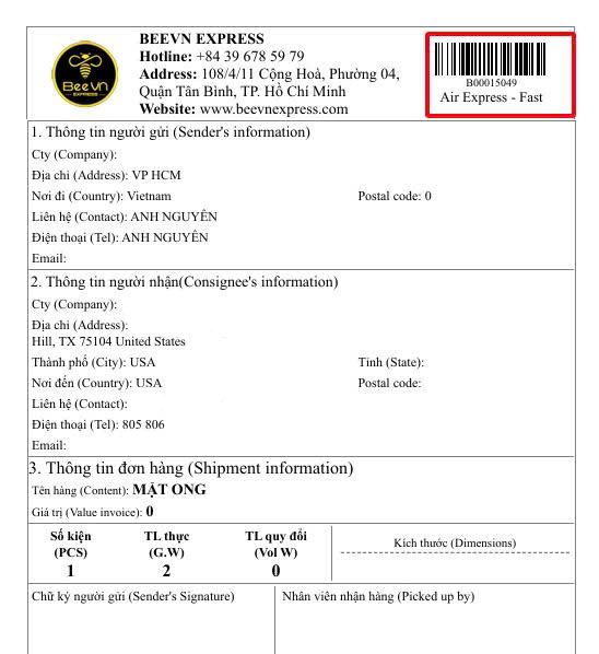 Phiếu vận đơn Beevn Express với mã bill B00015049, dùng làm ví dụ minh họa trong hướng dẫn tra cứu vận đơn Beevn Express. Hình thể hiện mã vạch, mã vận đơn, thông tin người gửi, người nhận, mô tả hàng hóa và dịch vụ Air Express – Fast