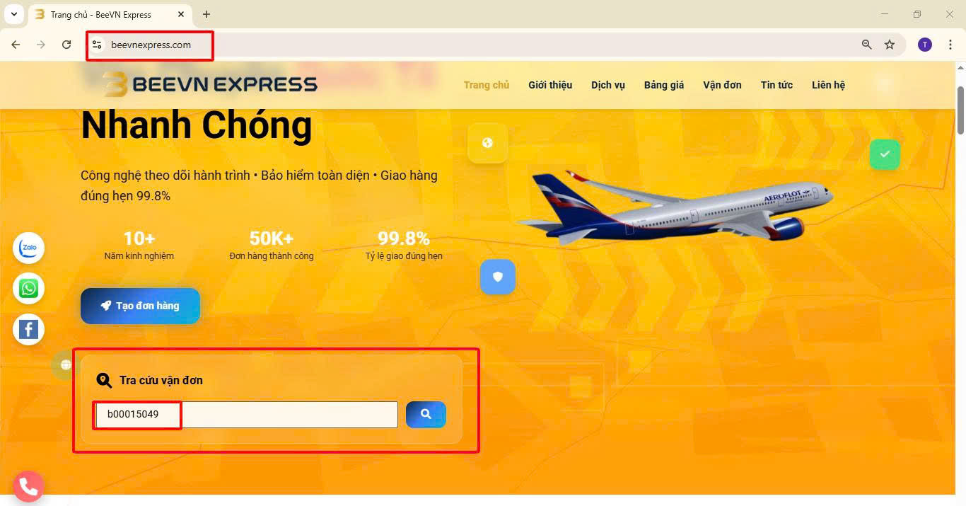 Ảnh chụp trang chủ website Beevn Express tại địa chỉ beevnexpress.com, hiển thị ô Tra cứu vận đơn với mã bill B00015049 đã được nhập. Hình minh họa cho bước 2 trong hướng dẫn tra cứu vận đơn Beevn Express