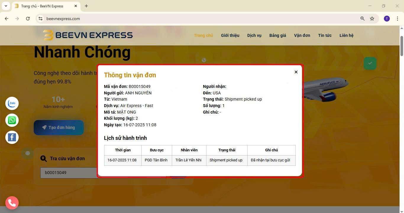 Ảnh chụp giao diện kết quả tra cứu vận đơn Beevn Express, hiển thị đầy đủ thông tin mã vận đơn B00015049, người gửi, người nhận, dịch vụ Air Express – Fast, khối lượng, mô tả hàng hóa cùng bảng lịch sử hành trình. Hình này minh họa cho bước 3 trong hướng dẫn tra cứu vận đơn Beevn Express